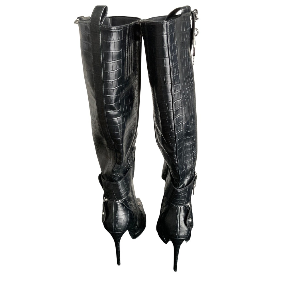 Azalea Wang Black Croc Pointed Toe Buckle Stiletto Knee High Boots Sz 11 - Picture 15 of 16